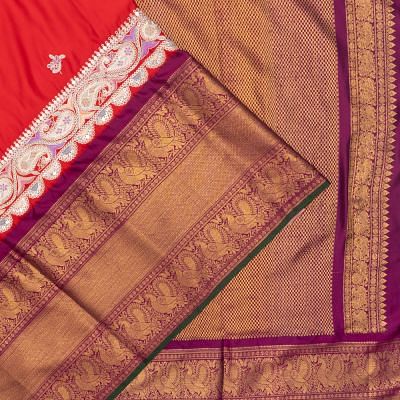 Kanchipuram Silk Twill With Embroidery Red Saree With Ikat Blouse
