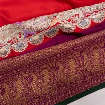 Kanchipuram Silk Twill With Embroidery Red Saree With Ikat Blouse