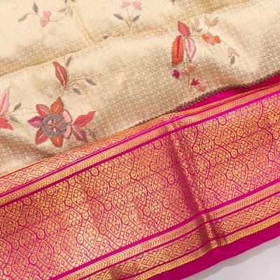 Kanchipuram Silk Brocade And Embroidery Cream Saree