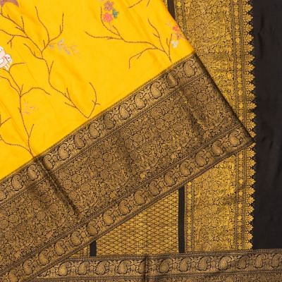 Kanchipuram Silk Twill Embroidery Yellow Saree