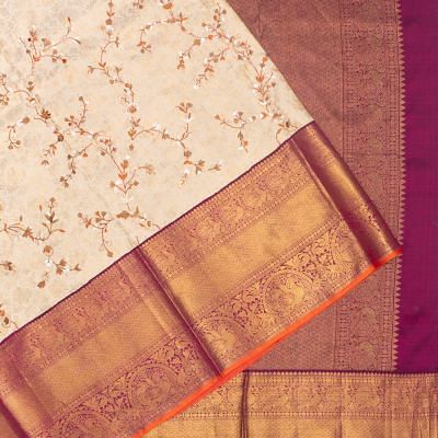 Kanchipuram Silk Brocade With Embroidery Cream Saree