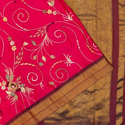 Kanchipuram Silk Embroidery Jaal Rani Pink Saree With Pochampally Ikat Blouse