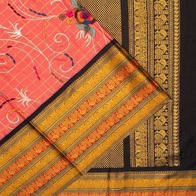 Kanchipuram Silk Twill Checks And Floral Embroidery Jaal Pink Saree