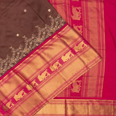 Kanchipuram Silk Embroidery Butta Brown Saree With Big Border