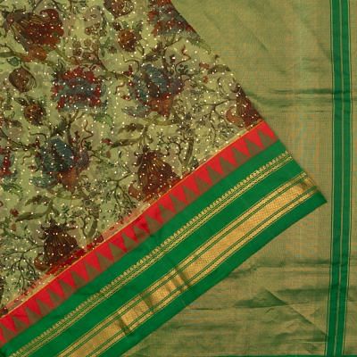 Kanchipuram x Organza Printed And Mukesh Green Saree With Attached Gadwal Border And Pallu