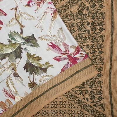 Tussar Kantha Embroidery x Linen Printed Off White Saree With Tussar Embroidery Pallu And Border