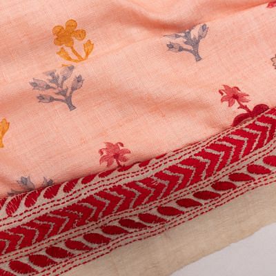 Pure Linen Floral Printed Peach Saree With Attached Kantha Work Border And Pallu