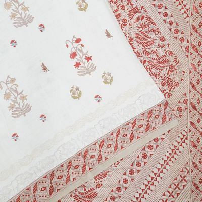 Tussar Kantha Embroidery x Linen Printed Off White Saree With Tussar Thread Embroidery Border And Pallu