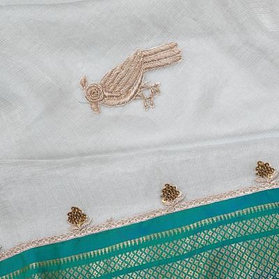 Paithani x Zari Kota with Embroidery Grey Saree With Paithani Border And Pallu