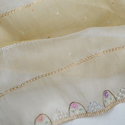 Organza Vertical Lines And Butta Cream And Mehandi Green Saree With Embroidery Border