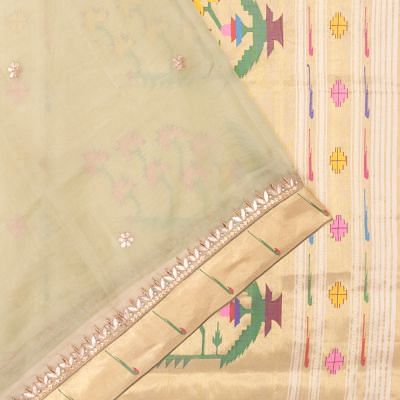 Paithani x Organza With Gota Pati Embroidery Pista Green Saree With Attached Paithani Border And Pallu