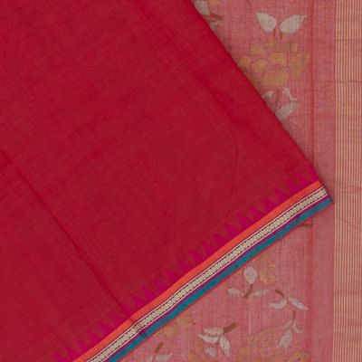 Ponduru Handspun Cotton Plain Redish Pink Saree With Jamdani Pallu