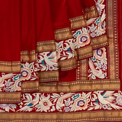 Parsi Gara Banarasi Silk Plain Maroon Saree