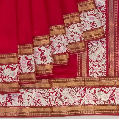 Parsi Gara Banarasi Silk Plain Red Saree