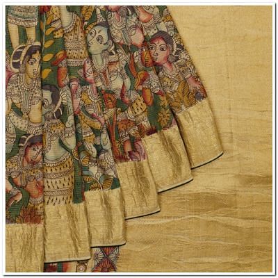 Kanchipuram Silk Handpainted Kalamkari Green Saree