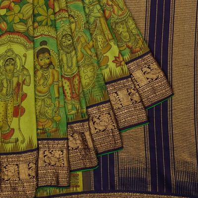 Kanchipuram Silk Handpainted Kalamkari Green Saree