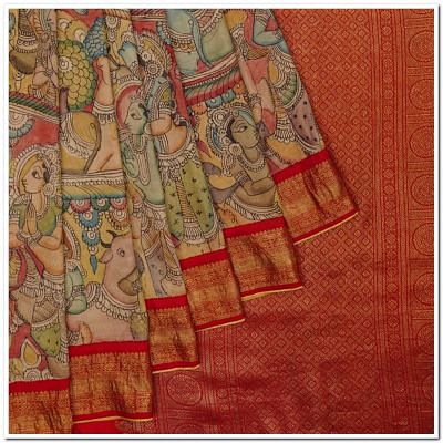 Kanchipuram Silk Handpainted Kalamkari Yellow Saree