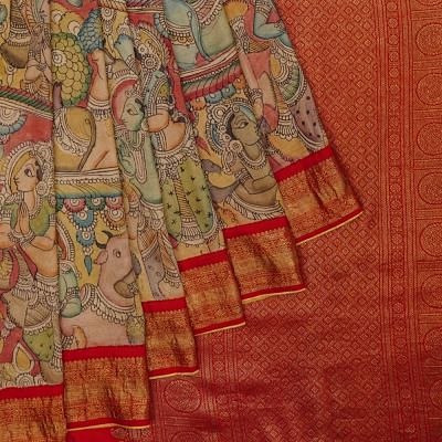 Kanchipuram Silk Handpainted Kalamkari Yellow Saree