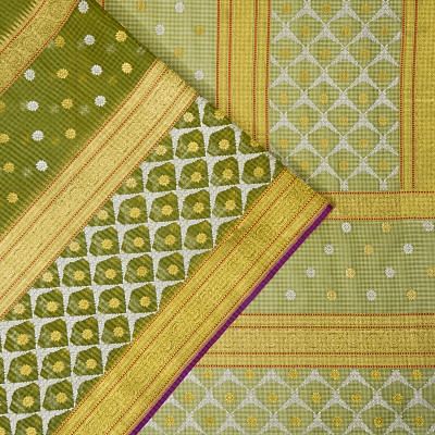 Banarasi Kora Organza Checks Sage Green Saree