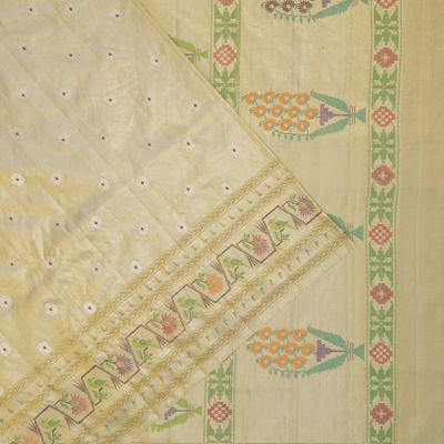 Kanchipuram Silk Tissue Butta Gold Saree With Paithani Inspired Border