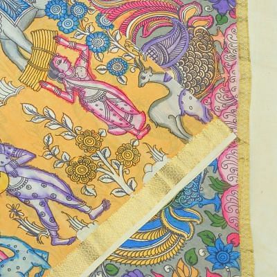 Crepe Kalamkari Hand Painted Yellow Saree