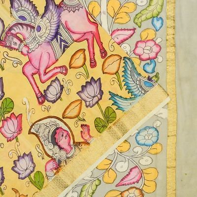 Crepe Kalamkari Hand Painted Yellow Saree