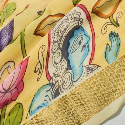 Crepe Kalamkari Hand Painted Yellow Saree