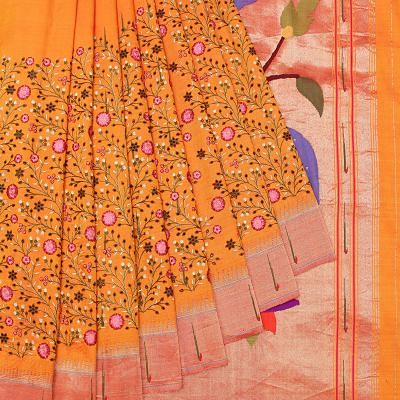 Paithani Silk Embroidery Half And Half Mustard Yellow Saree With Single Muniya Border