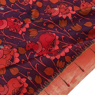 Paithani Silk Kalamkari Hand Painted And Butta Purple Saree