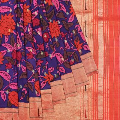 Paithani Silk Kalamkari Hand Painted And Butta Violet Saree