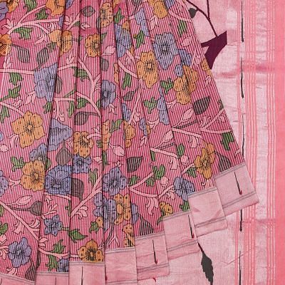 Paithani Silk Kalamkari Hand Painted And Vertical Lines Pink Saree