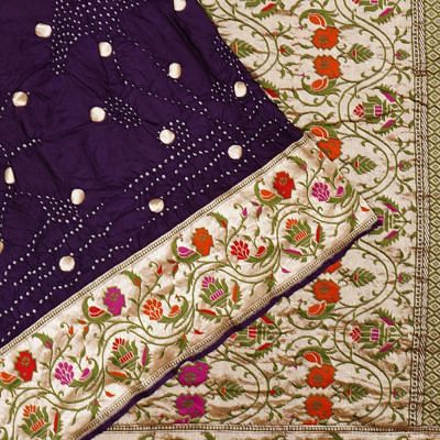 Banarasi Silk Bandhani And Butta Violet Saree