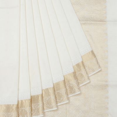 Kanchipuram Silk Plain White Saree With Chikankari Hand Embroidery