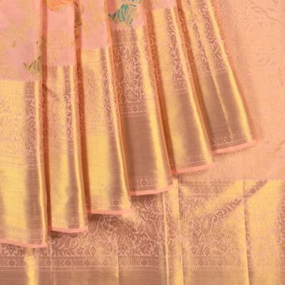 Kanchipuram Silk Jaal Radha Krishna Peach Saree With Meenakari