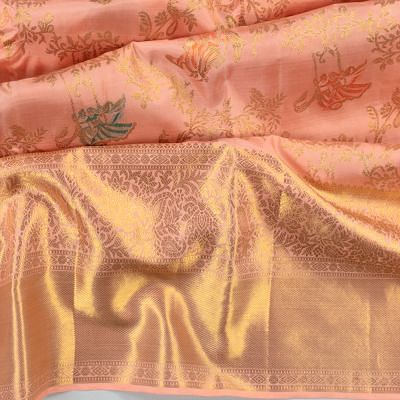 Kanchipuram Silk Jaal Radha Krishna Peach Saree With Meenakari