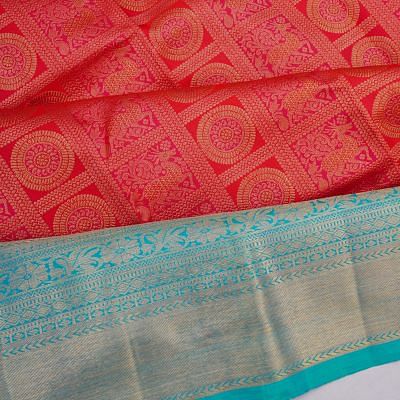 Kanchipuram Silk Checks And Butta Red Saree