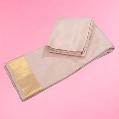 Kanchipuram Silk Vertical Lines Cream Dhoti With Kanduva