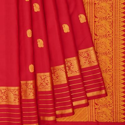 Kanchipuram Silk Paisley Butta Red Saree With Classic Border