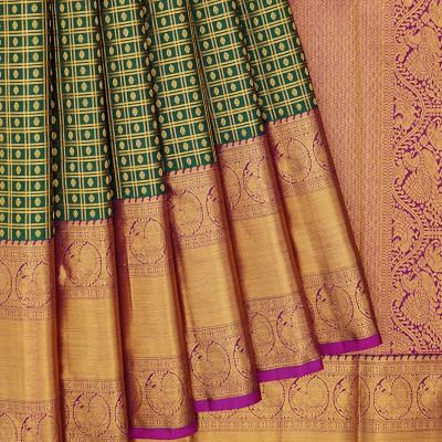 Kanchipuram Silk Checks And Butta Bottle Green Saree