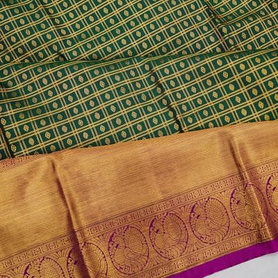 Kanchipuram Silk Checks And Butta Bottle Green Saree