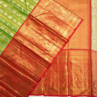 Kanchipuram Silk Tissue Vertical Lines And Butta Parrot Green Saree