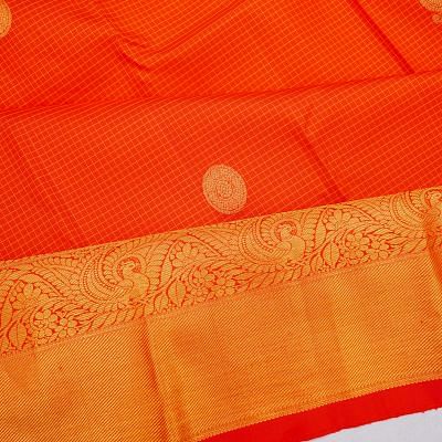 Kanchipuram Silk Checks And Butta Dual Tone Red And Orange Saree