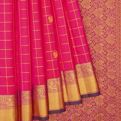 Kanchipuram Silk Checks And Butta Pink Saree