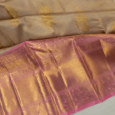 Kanchipuram Silk Vertical Lines And Butta Grey Saree