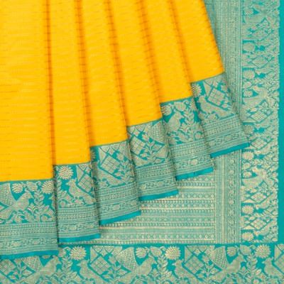 Kanchipuram Silk Horizontal Lines Yellow Saree