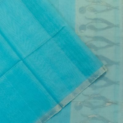 Tussar Plain Blue Saree With Organza Pallu