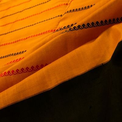 Coimbatore Soft Silk Thread Stripes Mustard Yellow Saree With Ganga Jamuna Border