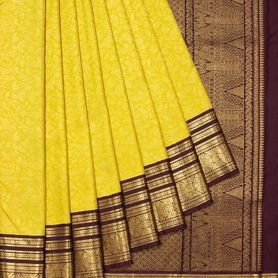 Kanchipuram Silk Brocade Yellow Saree With Ganga Jamuna Border