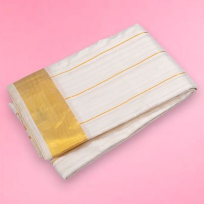 Kanchipuram Silk Vertical Lines White Dhoti With Kanduva