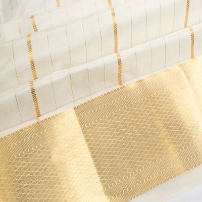 Kanchipuram Silk Vertical Lines White Dhoti With Kanduva